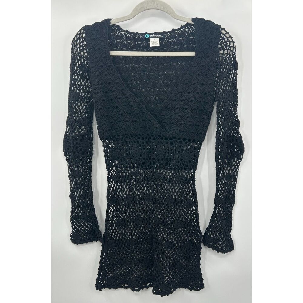 Vintage Y2K Crochet Black Whimsigoth Fairy Mini Dress S Open Knit Cover Up Swim